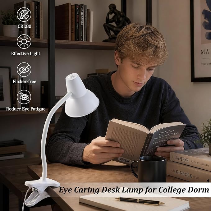 Clip On LED Desk Lamp, Flexible Arm, Eye-Caring Study Lamps for School Dorm | 4.5W Energy-Saving, Anti-tip Bedside Reading Light, Desk Lamps for College Dorm Room, Home Office, Modern Lamp with 1.6m Cord - Image 4