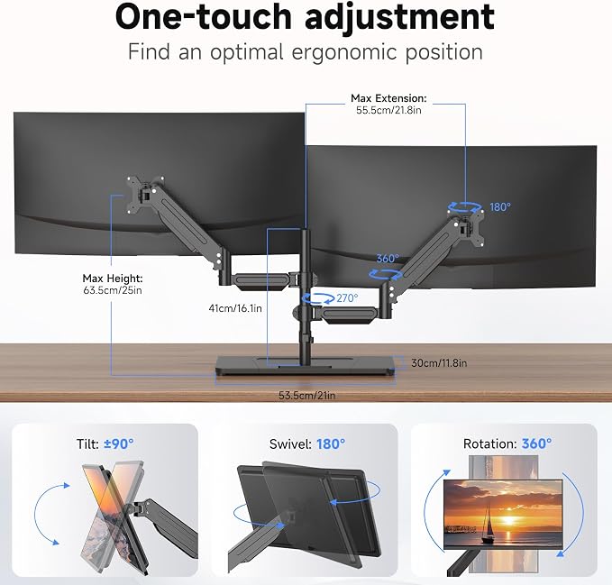 Suptek Freestanding Dual Monitor Stand for 2 Screens up to 35 Inches, Height Adjustable Monitor Arms Hold 24.25 lbs Each, Full Motion Dual Monitor Mount with Large Stable Base, VESA 75/100 - Image 3