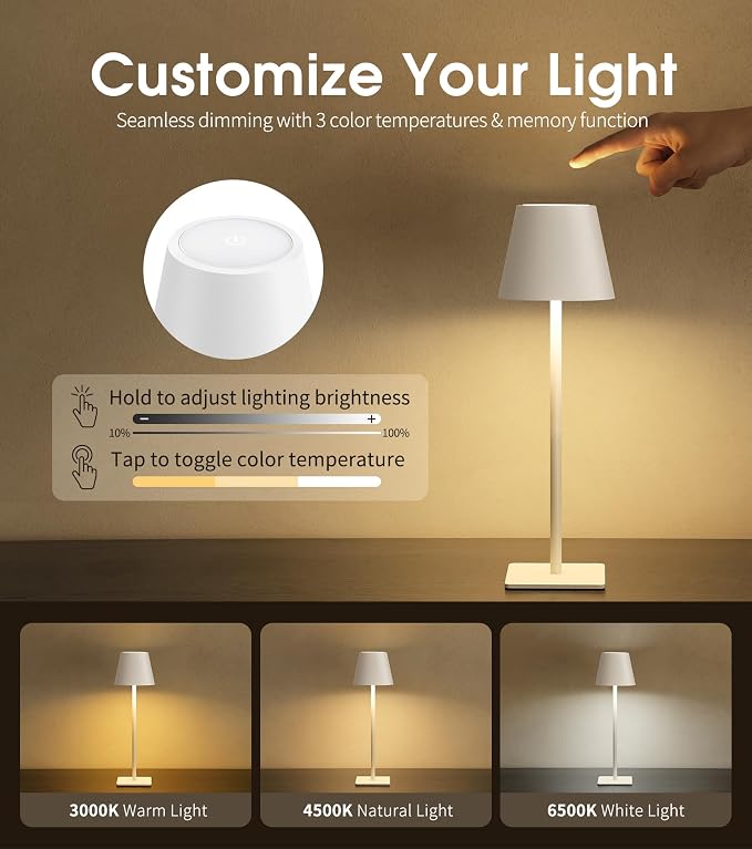 UME 3 Pack Cordless Table Lamp, Battery Operated Lamp - Portable Waterproof Rechargeable Table Lamp w/ 3 Color Temps & Stepless Dimming for Dinner, Desk, Cafe, Outdoor (White) - Image 3