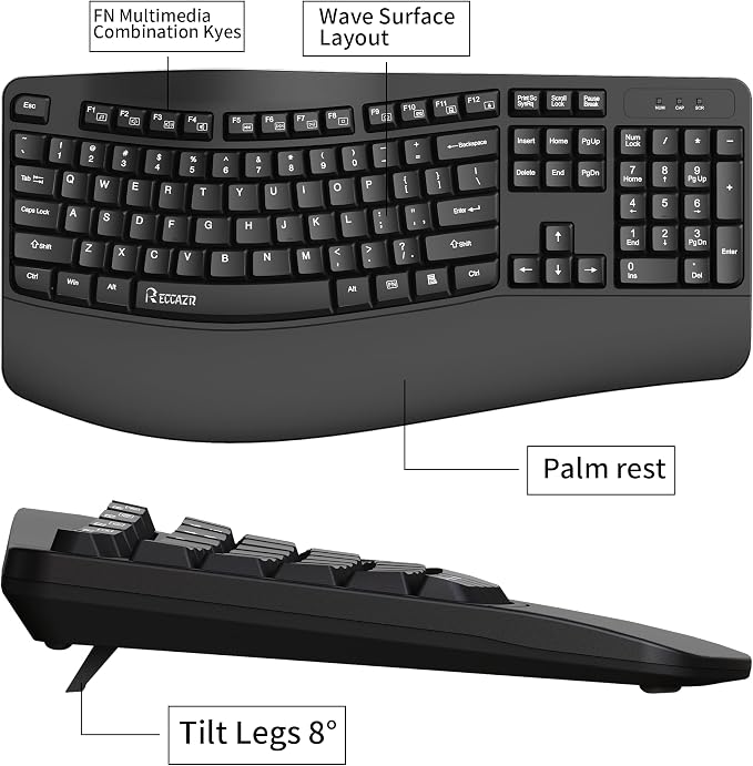 RECCAZR Ergonomic Keyboard, Wired Computer USB Keyboard with Wrist Rest | Spill-Resistant, Wave Keys for Natural Typing, Compatible with Windows/PC/Laptop(Black) - Image 7