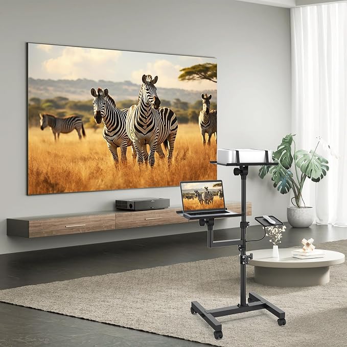 Projector Stand, 2 Shelves Mobile Laptop Cart with Adjustable 47" Height | top tray tilts 30°,4 quiet casters with 2 locks,sturdy H-beam steel frame,mouse tray included,for home,outdoor - Image 7