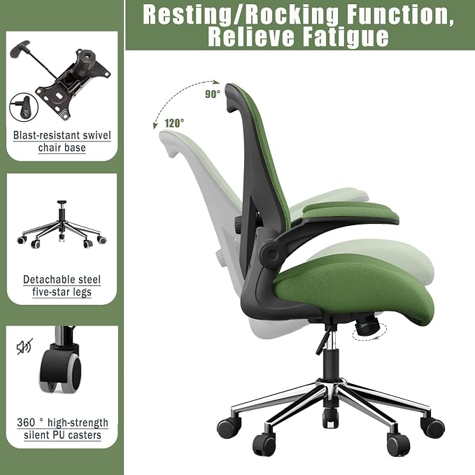 Green Ergonomic Office Desk Chair, Soft Fabric Thickened Curved seat Cushion with Adjustable Lumbar Support, Perfect Blend of Comfort and Good Looks, Ideal Chair for Home or Office, Green - Image 6