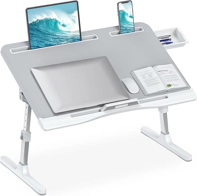 HETTHI Laptop Desk for Bed, Adjustable Bed Table with Leather Desktop, Foldable X-Large Laptop Bed Trays with Drawer for Bed Couch Floor Writing Working Reading Eating Painting (Gray, 23.6"×15.7") by HETTHI