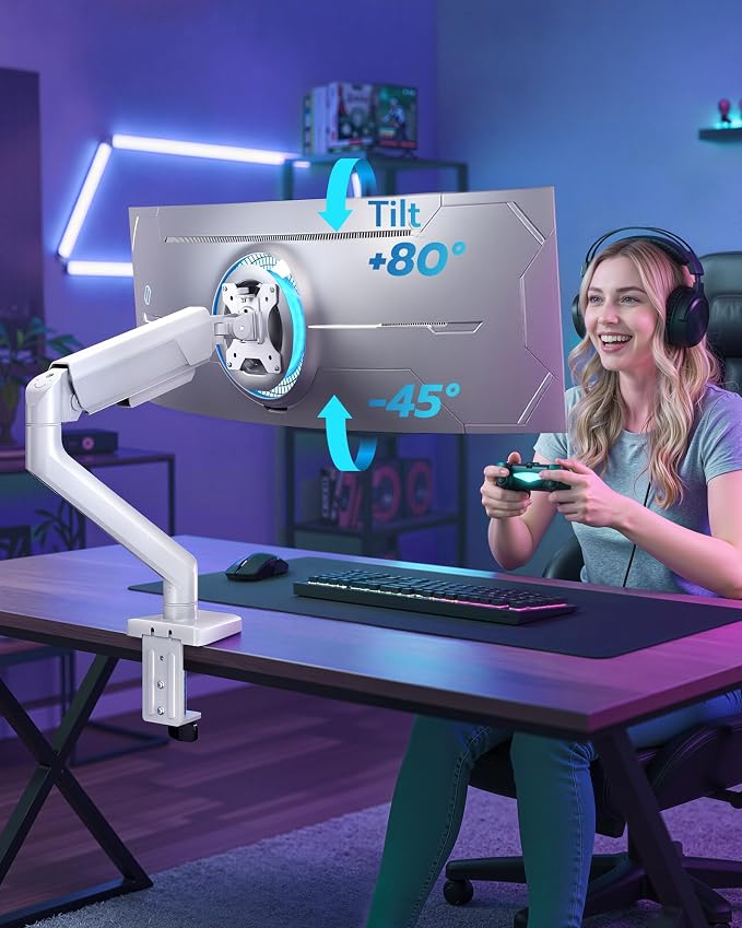 ARES WING 17-40 Inch Heavy Duty Monitor Arm with USB, White | Fully Adjustable Monitor Mount for Ultrawide Screens up to 26.4 lbs with Clamp/Grommet Desk Mount, 75/100 Vesa Mount - Image 8