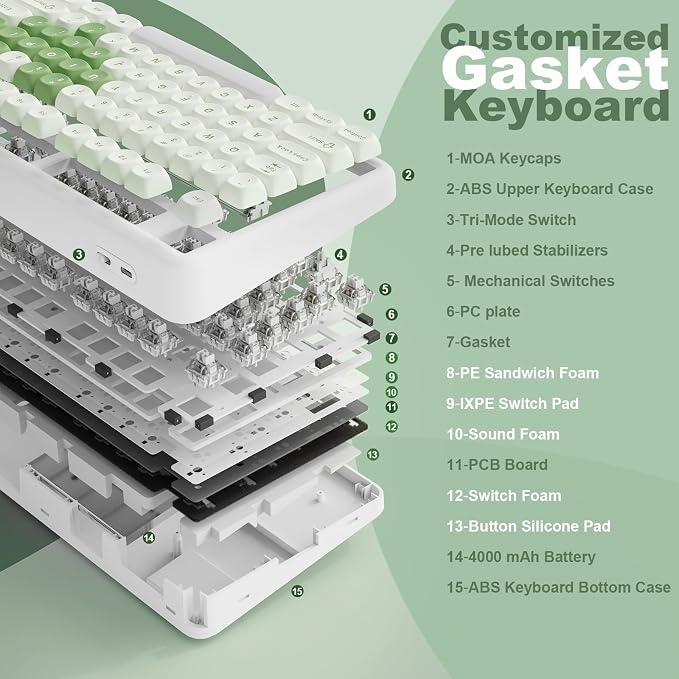 YUNZII B87 TKL Wireless Mechanical Keyboard (Matcha Heart, MilkV2) | QMK/VIA, Wrist Rest, CreamyTyping, Cute MOA Keycaps, Gasket Mount, Hot Swap, RGB Backlit, NKRO, BT/2.4G/USB-C, for Win/Mac - Image 4