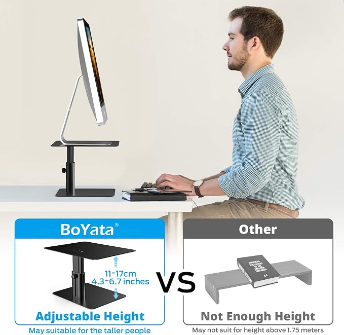 BoYata Monitor Stand, Adjustable Height Metal Desktop Riser, Black | Height-Adjustable Metal Riser with Open Storage Space Underneath for Monitors, Laptops, iMacs, PCs and TVs - Image 4