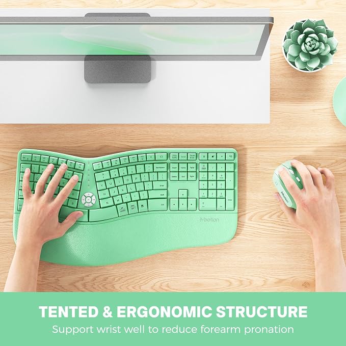 MEETION Ergonomic Keyboard Mouse Combo, Split Design Vertical Mouse Green | Rechargeable full-size keyboard with cushioned wrist rest, 2.4GHz USB receiver, natural typing, for Windows, Mac, PC, laptop - Image 6
