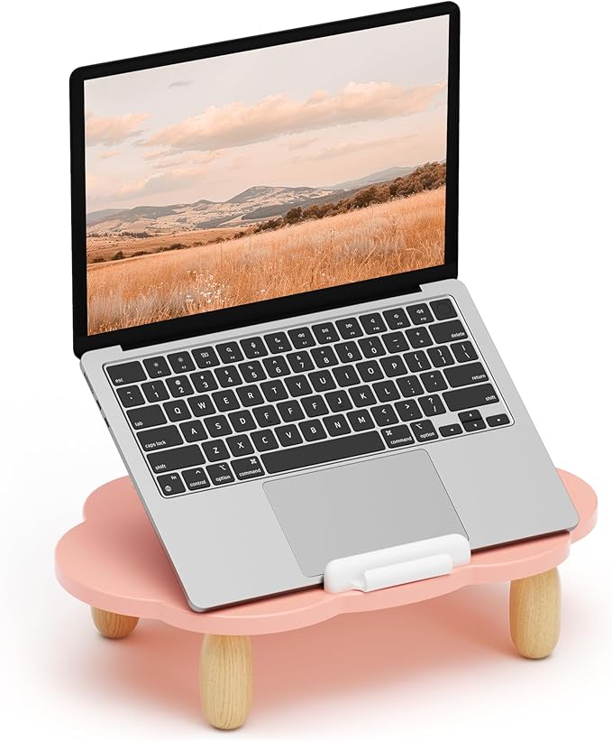 AFOOYO Adjustable Wood Laptop Stand, Ergonomic Height Angles Computer Stand, Cloud-Shaped Holder Riser Notebook Stand for Desk Compatible with Air, Pro, Dell, HP, Lenovo More 10-17.3" Laptops, Pink by AFOOYO