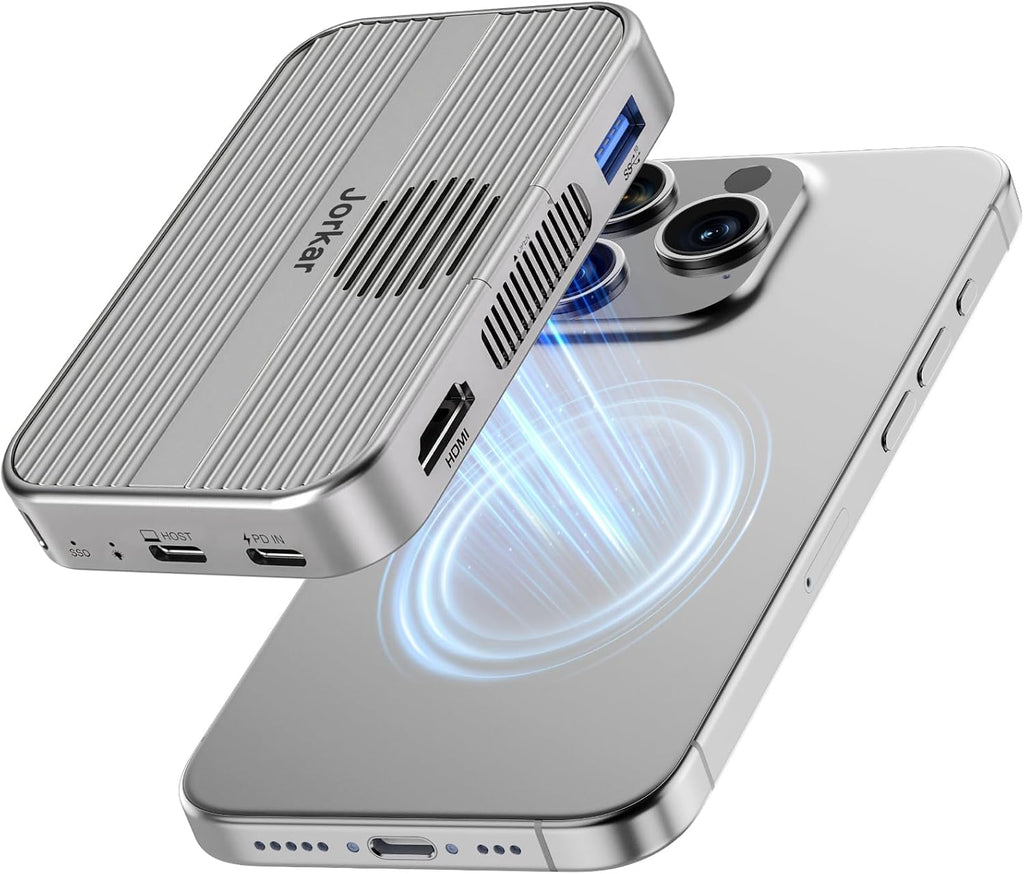 10gbps Magnetic Docking Station, USB C Hub with NVMe M.2 SSD Enclosure for iPhone 17/16/15 Pro/Pro Max/Plus with Cooling Fan, Support SSD Size 2230/2242/2260/2280 B+M M-Key by Jorkar