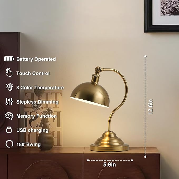 KARTOOSH Cordless LED Table Lamp Set of 2, Battery Operated Desk Lamps with Swing Arm & Plastic Shade, Vintage Small Rechargeable Dimmable Light for Bedroom, Living Room, Nightstand, Brass - Image 2