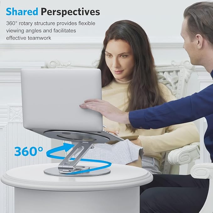 OMOTON Adjustable Laptop Stand for Desk 360° Rotating Base 17" Cool Grey | Ergonomic Laptop Rise for Collaborative Work, Foldable Dual Shaft for Easy Storage, Fits for MacBook/Dell/HP - Image 4