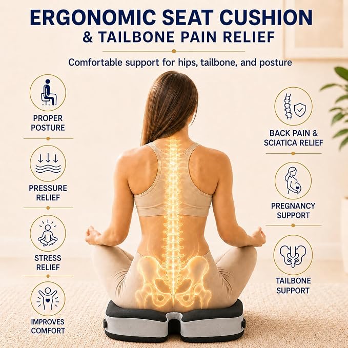 Memory Foam Ergonomic Seat Cushion for Office Chairs Pain Relief | Suitable for prolonged sitting, relieves tailbone pain, fits office chairs, wheelchairs, car seats and computer desk chairs - Image 4