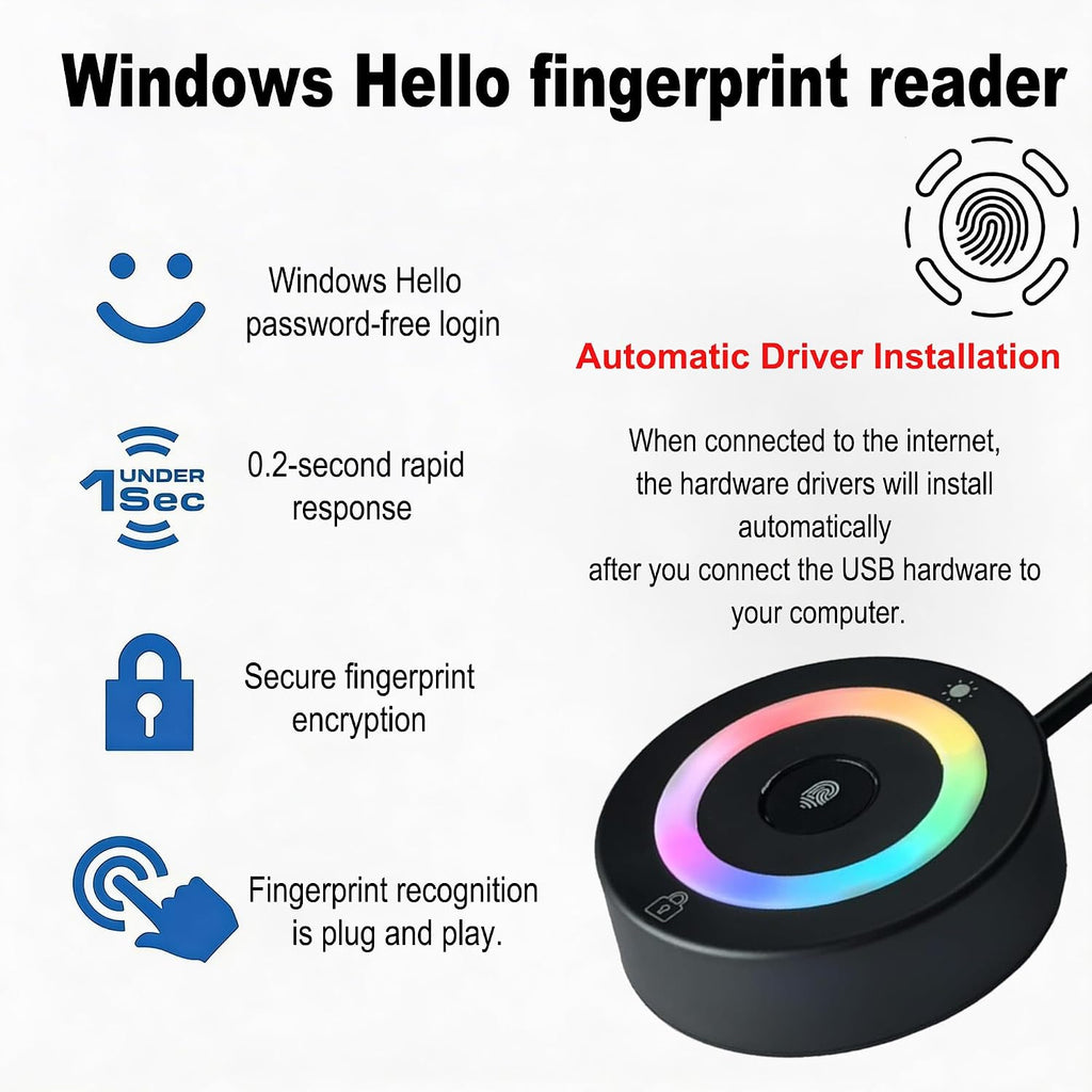 USB Fingerprint Reader for PC & Laptop, Windows Hello Biometric Scanner with 360° Touch, Fast Login <1s, Portable Security Key for Windows 10/11 - Image 4