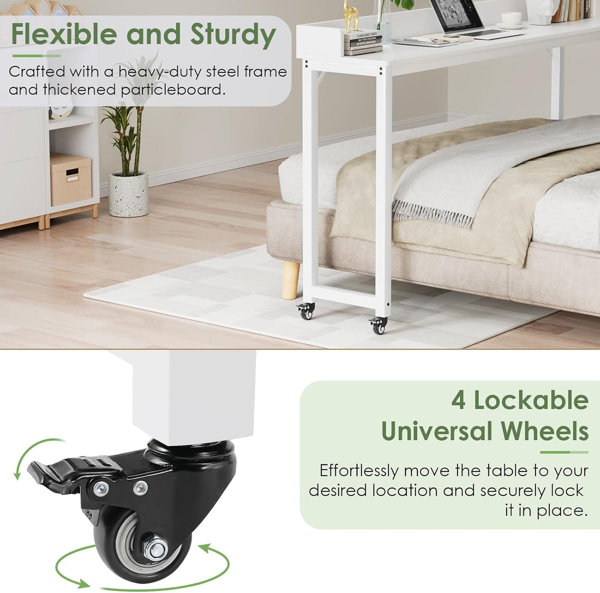Overbed Table with 360° Wheels, Queen Size Mobile Bed Desk, White - Image 4