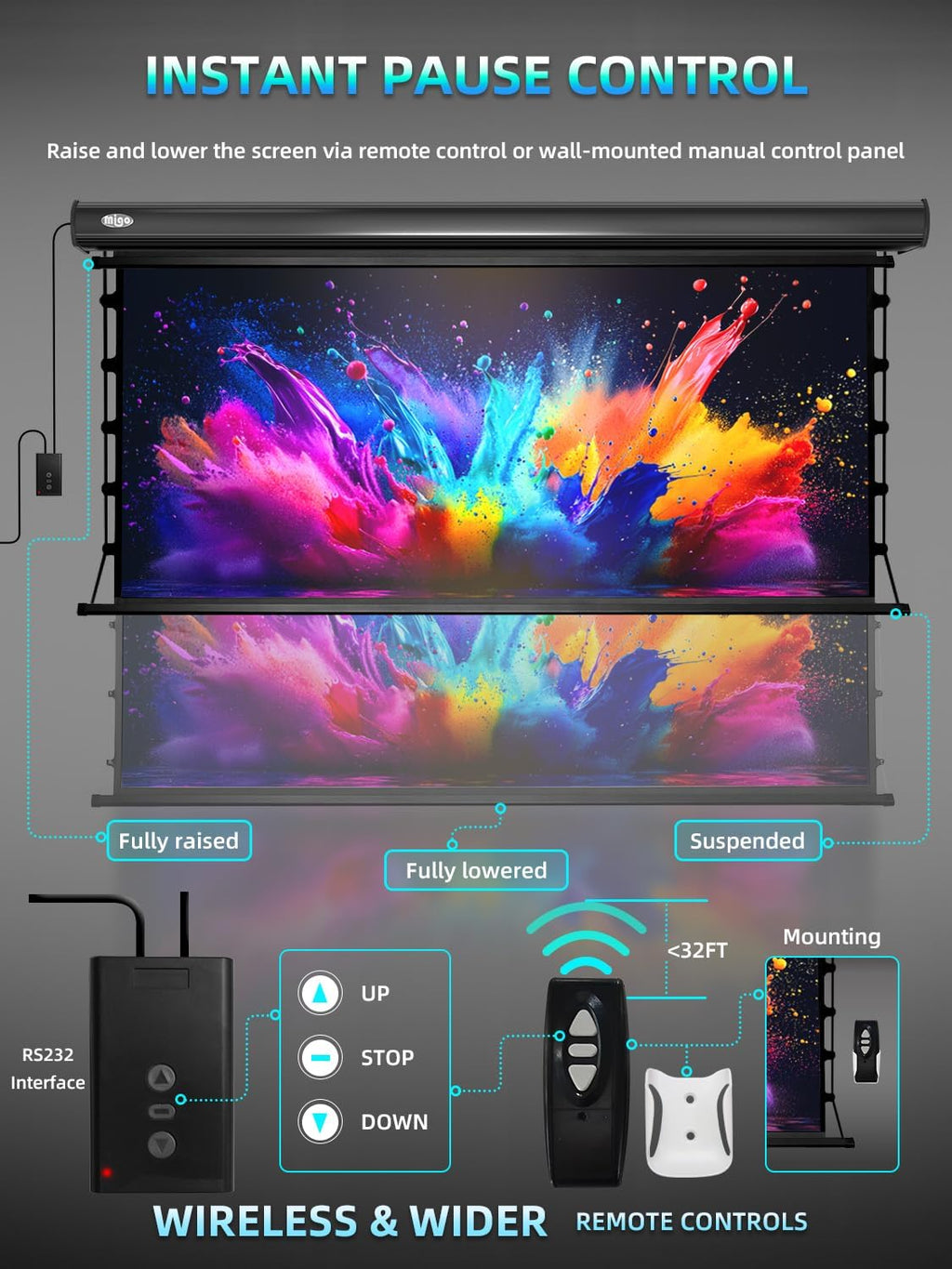 MIGO 150 Inch Pull Down Projector Screen,with Grey Crystal 2.0 Gain Partial Ambient Light Projector Screen Wall/Ceiling Mount for Ultra Short Throw Projector Movie Home Theater Cinema(Black Housing) - Image 8