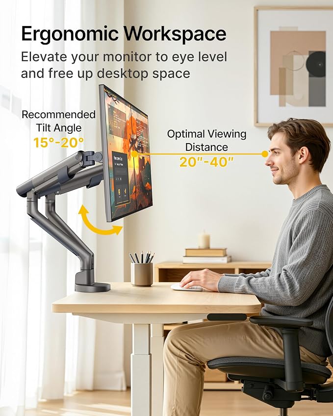 monTEK Aluminum Dual Monitor Arm for 17-35" Screens, 24.3 lbs Each, Gray | Mechanical spring, tension indicator, full motion, VESA 75/100 compatibility, clamp/grommet bases and cable routing - Image 6
