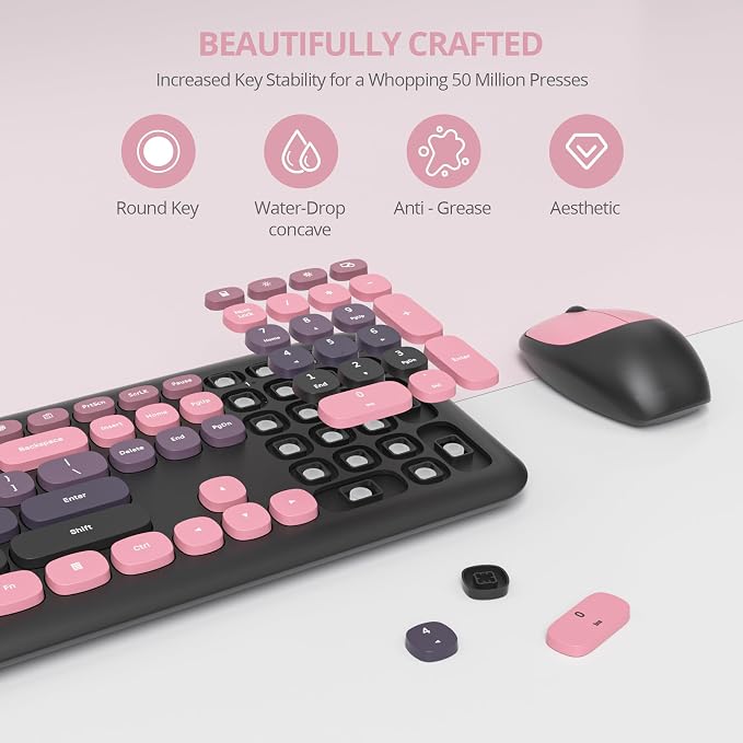 Surmen Black Pink Keyboard and Mouse Wireless Quiet, Full-Size Girly Slient Keyboard Retro Typewriter Low-Noise 2.4GHz for Computer, Desktop, Laptop (110-Heimei Pink) - Image 3