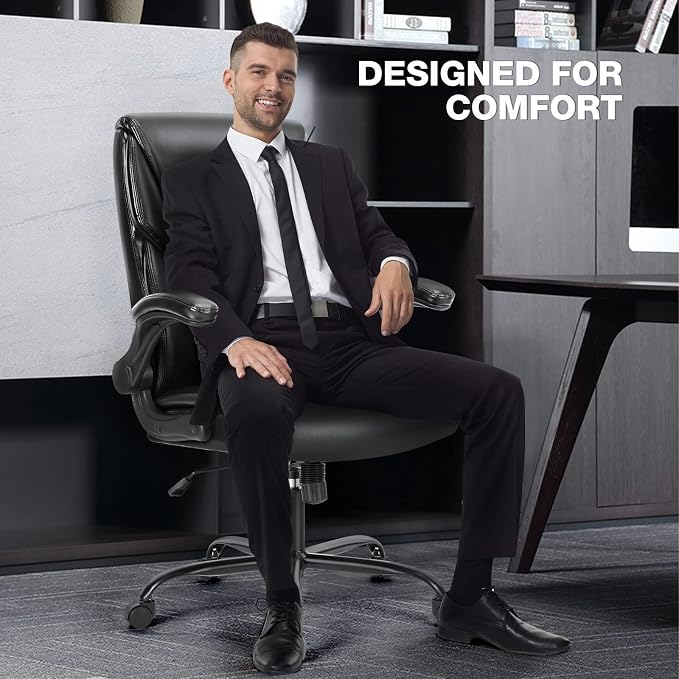 OLIXIS PU Leather Desk Chair, Ergonomic Office Chair, Flip-up Armrest | High Back, Swivel Rolling Wheels, Heavy Duty, 275lbs,Comfortable,Executive, Black - Image 7