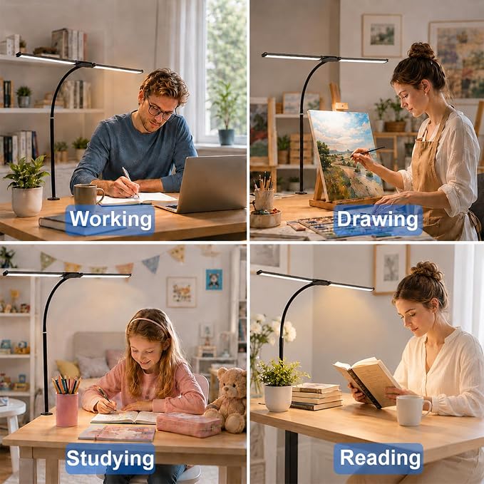 LED Desk Lamp for Home Office, Eye-Care Architect Light with Clamp, Double Head Computer Monitor Table Light with 3 Color Modes 10 Brightness, Adjustable for Reading, Study, Workbench, Black - Image 7