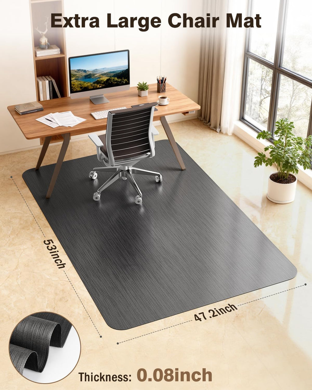 Ultra Large Office Chair Mat for Hardwood Floor, Rolling Chair Mat for Hard Wood, Large Anti-Slip Hard Floor Protector, Heavy Duty Computer Desk Rug for Office and Home 47.2"*53" Black - Image 2