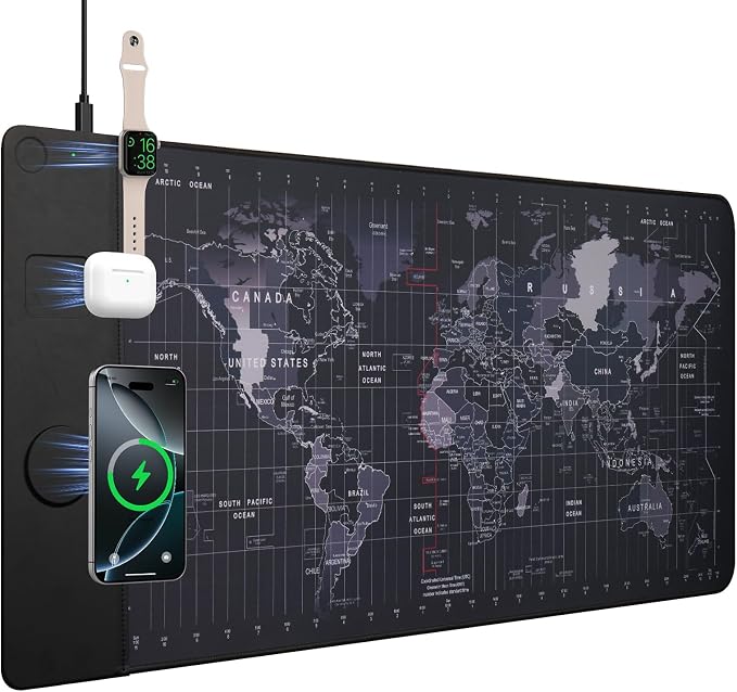 VOVIPO Wireless Charging Mouse Pad 15W, Waterproof Gaming Mousepad with Ultra-Smooth Surface, Non-Slip Base, XXL Large Desk Mat 90 x 40cm,Black World Map Computer Desk Pad for MacBook, PC, Laptop by VOVIPO