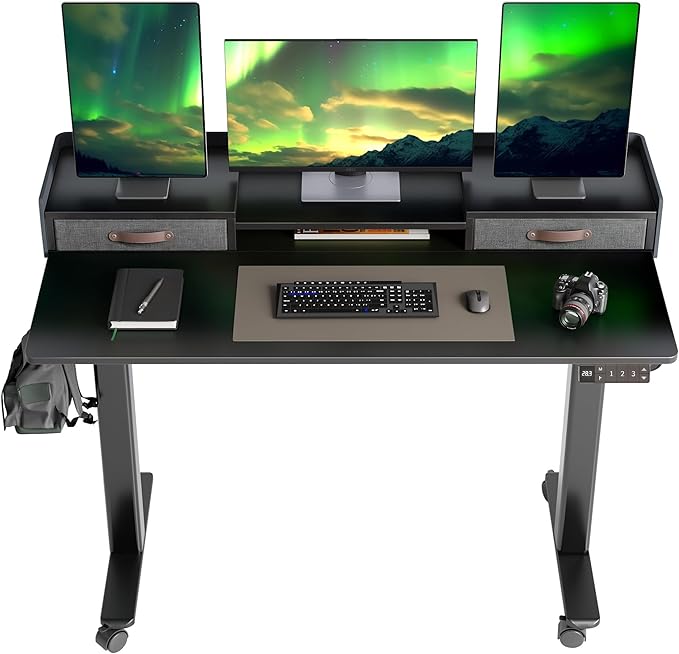 Claiks Standing Desk with Drawers & Wheels, 2 Height Shelf 55inch Black | 2 height adjust shelf, tabletop drawers, felt fence design, sturdy supports 176 lbs, 4 wheels, 2 tire monitor stand by CLAIKS