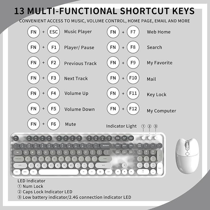 Creamy Wireless Keyboard and Mouse, MOFII 104 Round Keycaps Retro Typewriter with OTG & Brush, Full-Size Ergonomic, Ideal for Windows PC, Home, Office and College Gray White - Image 8