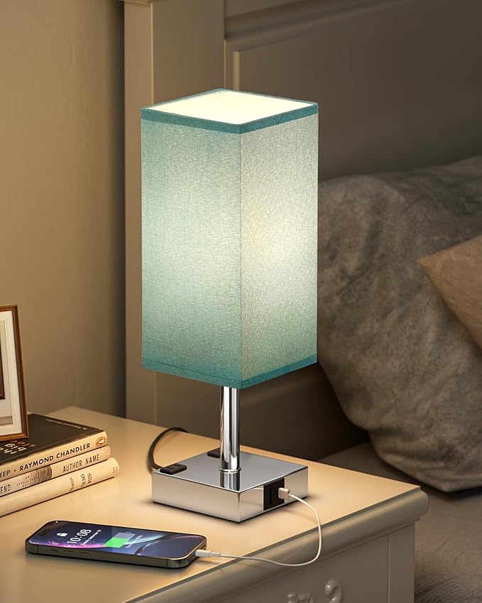 Turquoise Touch Table Lamp for Bedroom - Dimmable, USB C+A, 2 AC Outlets | 3-Way Dimming, 3000K Bulb Included, Square Teal Lampshade and Silver Base, Desk Lamp for Nightstand, Living Room, Green by Aooshine