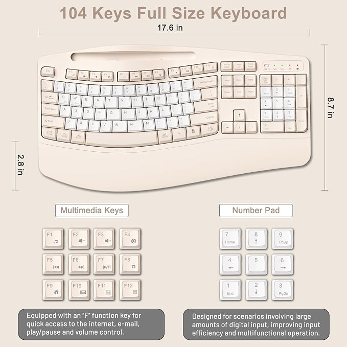 Wireless Keyboard and Mouse Combo, Ergonomic Wave Keys(Milk Tea-B) | 2.4G Full Size Keyboard with Wrist Rest, Phone Holder, 3-Level DPI Silent Mouse with 6-Buttons,for Windows/Mac OS/Laptop - Image 7