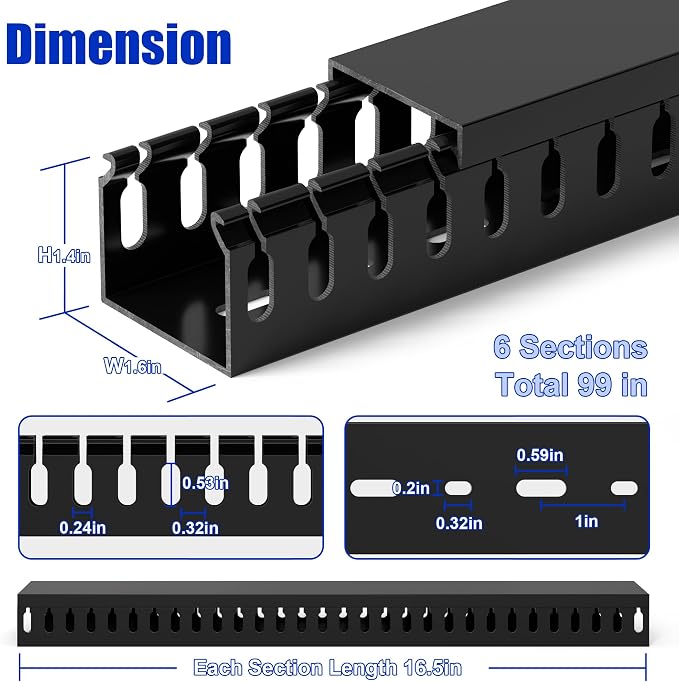 1.4"H x 1.6"W Cable Raceway, 99in Under Desk Wire Management Channel, Black | Slotted Wire Duct, 6Pack, 16.5in Each, Heavy-Duty PVC Cable Management for Server Racks, Network Cables & Electrical Cabinets - Image 3