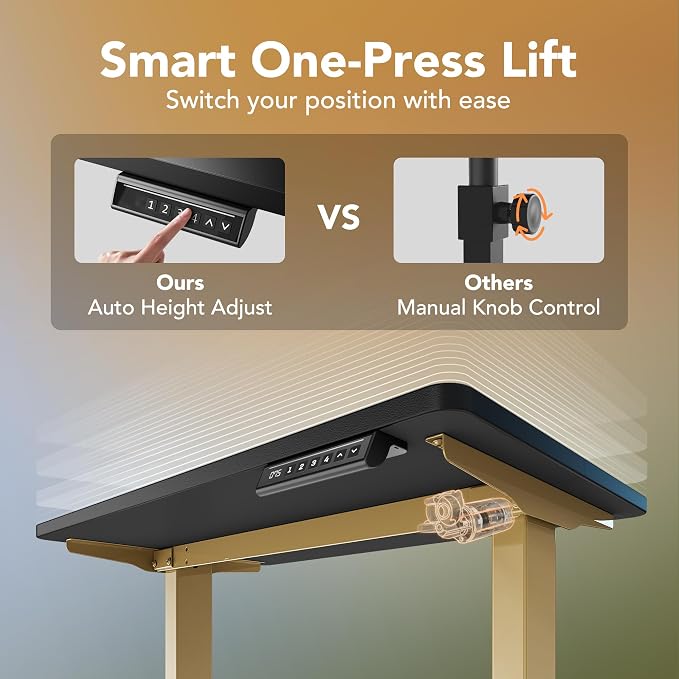 HUANUO 32" Small Electric Standing Desk Adjustable Height, 4 Memory Height Settings, Sit Stand Up Desk for Home Office & Computer Workstation, Black and Gold Frame | 176 Lbs Capacity, Rounded Corners, Wheel-Ready Feet, Compact Desktop, Apartment Worksp... - Image 5