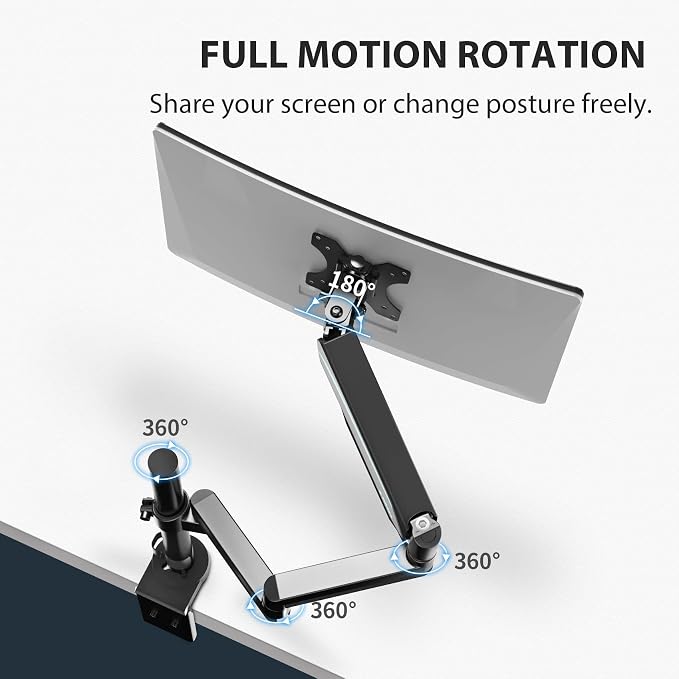 EUREKA ERGONOMIC Single Monitor Desk Mount, Adjustable Gas Spring Monitor Arm for LCD PC Screen 13-32 inch, Max 17.6 LBS, Computer Monitor Stand W C Clamp & Grommet Base, VESA 75x75mm,100x100mm, Black - Image 5
