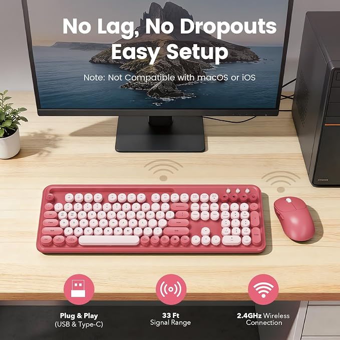 Wireless Keyboard and Mouse Combo, Retro Round Keycaps, Full-Size Stylish Typewriter Keyboard with Large Phone/Tablet Holder, 3-Level DPI Ergonomic Mouse, 2.4GHz Cordless for Windows PC, Rose Pink | Full-Size Retro Typewriter-Style Keyboard, Tilt Legs,... - Image 7