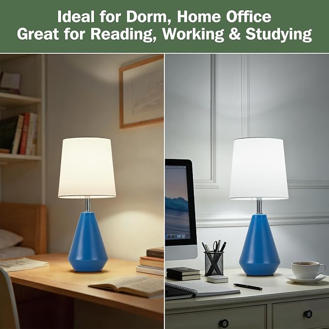 Small Bedside Table Lamp for Bedroom-Reading Desk Lamp Set of 2,with 3 Color Temperatures,15.5" Nightstand Ceramic Lamp with Fabric Shade for Kids Room,Living Room,Dorm,Home Office(Blue+White) - Image 4
