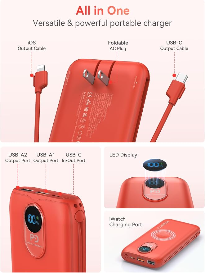 Portable Charger Power Bank 10000mAh PD20W w/Built-in Cables & AC Plug | Portable charger iphone,Fast charging, Built-in wall plug, LED display, Charge 6 devices at once, Pass through charging - Image 4