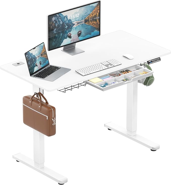 SHW 48-Inch Electric Height Adjustable Standing Desk w/Drawer, White | w/ Memory Presets and Cable Management | Drawer with adjustable compartments | Hanging Hooks by SHW