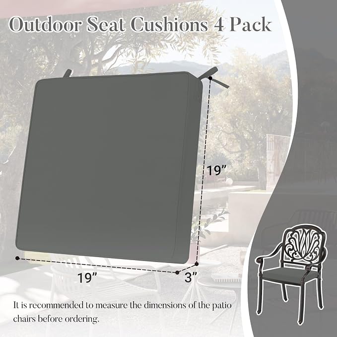 Basic Beyond Outdoor Chair Cushions for Patio Furniture, Waterproof Outdoor Seat Cushions Set of 4 19 x 19, Patio Chair Cushions Set of 4 with Ties and Handle, Dark Grey - Image 6
