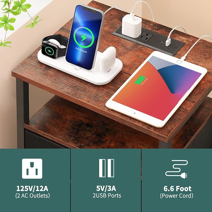 Yoobure Night Stand with Charging Station, 3 Fabric Drawers Nightstand, Bedside Tables with Storage Shelf, End Table with 16 Colors LED, Small Dresser for Small Space, Black Brown | 16 Colors Bedside Table with 3 Fabric Drawers & Storage Shelf, End Tab... - Image 6