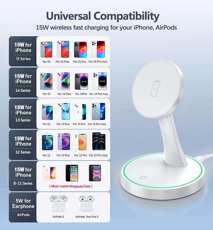 2 Pack Magnetic Wireless Charger Stand 15W Fast Mag-Safe Charger for iPhone iPhone 17 /17 pro/ 17 Air/ 17 pro max 16/15/14/13/12 Series Magnet Wireless Charging Station with Light for AirPods - Image 7