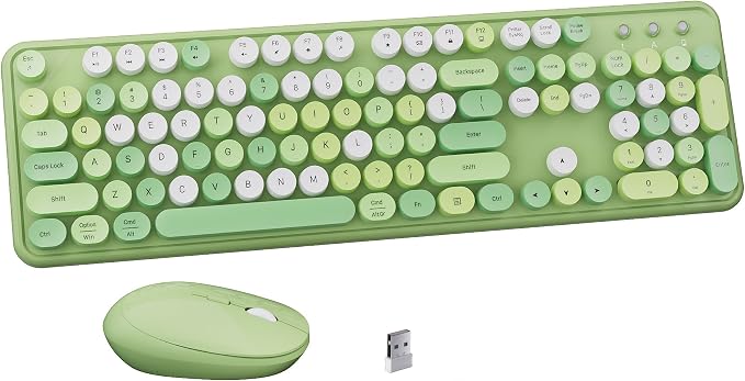 Colorful Wireless Keyboard and Mouse Combo Green Colorful | Full-Sized Office Keyboard with Typewriter Flexible Keys, 2.4GHz Dropout-Free Connection, Optical Mouse for PC Laptop by FCPLU