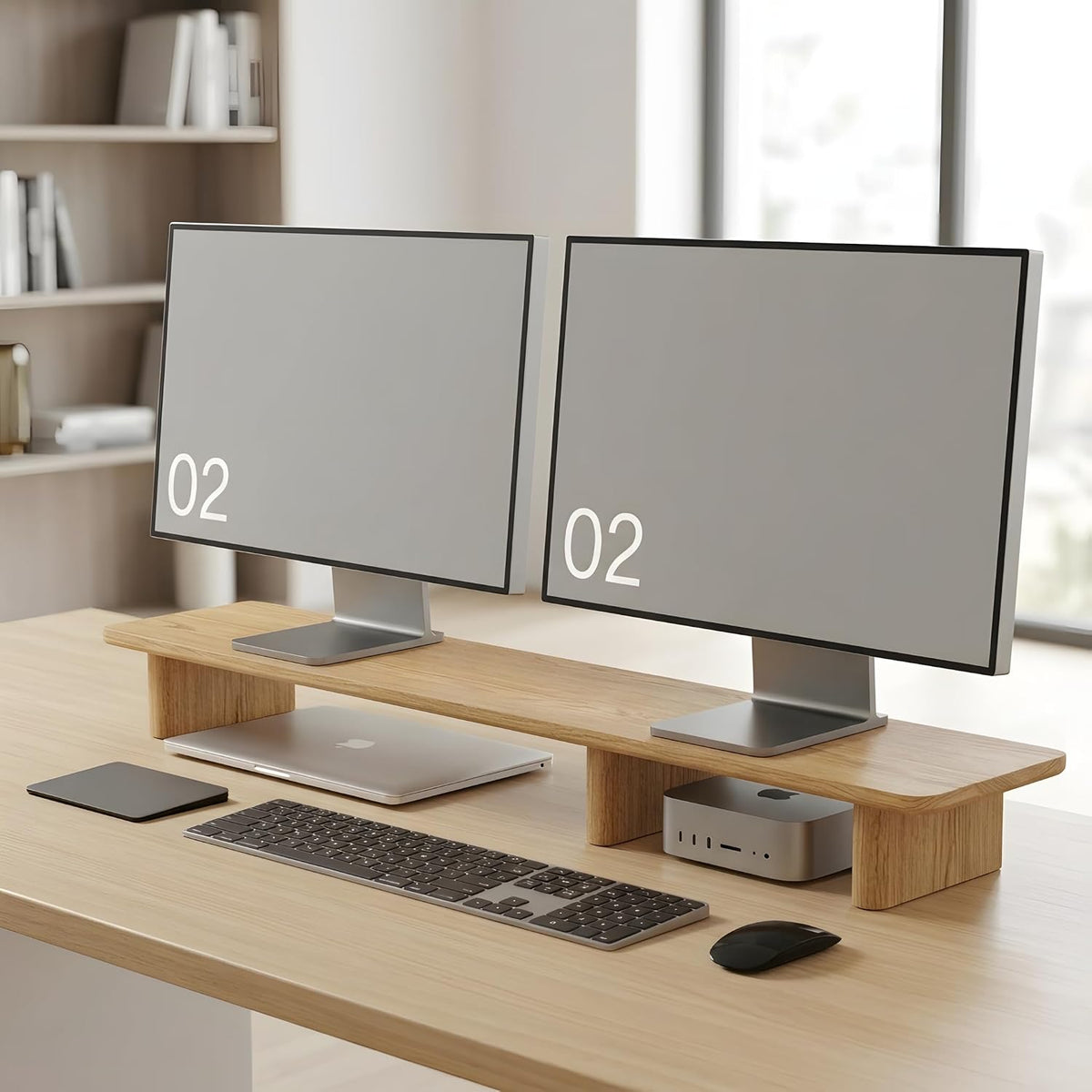 White Oak Dual Monitor Stand Riser - 43.3" Wooden Monitor Stand for 2 Monitors, Minimalist Desk Shelf Organizer for iMac, Laptop & Ultrawide Displays by FISUA