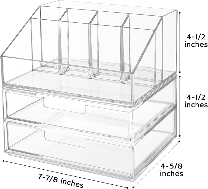 STORi Stackable Desk and Drawer Organizer, Clear Pen Pencil Makeup Brush Holder for Desktops and Vanities, 6 Compartment Caddy with 2 Wide Drawers (Made in USA) - Image 2