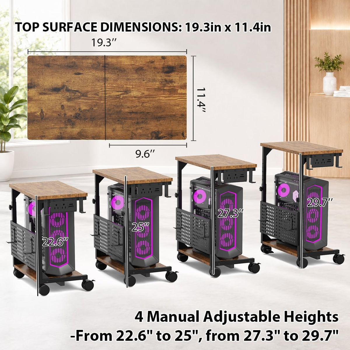 Adjustable Computer Tower Stand with Charging Station & Pegboard,Brown - Image 4
