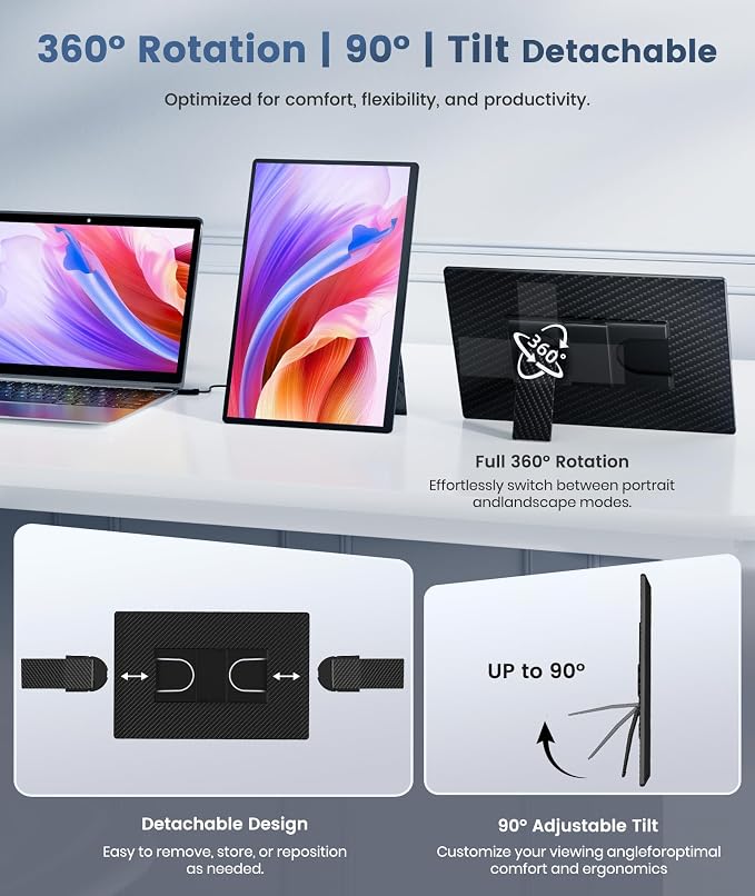 Synnov Portable Monitor, 16" 1200P FHD Laptop Screen Extender | 360° Rotating Detachable Stand, Plug & Play Travel Monitor, Ultra-Slim & Zero-Frame Dual Screen, For Wins/MacOS/Android - Image 4