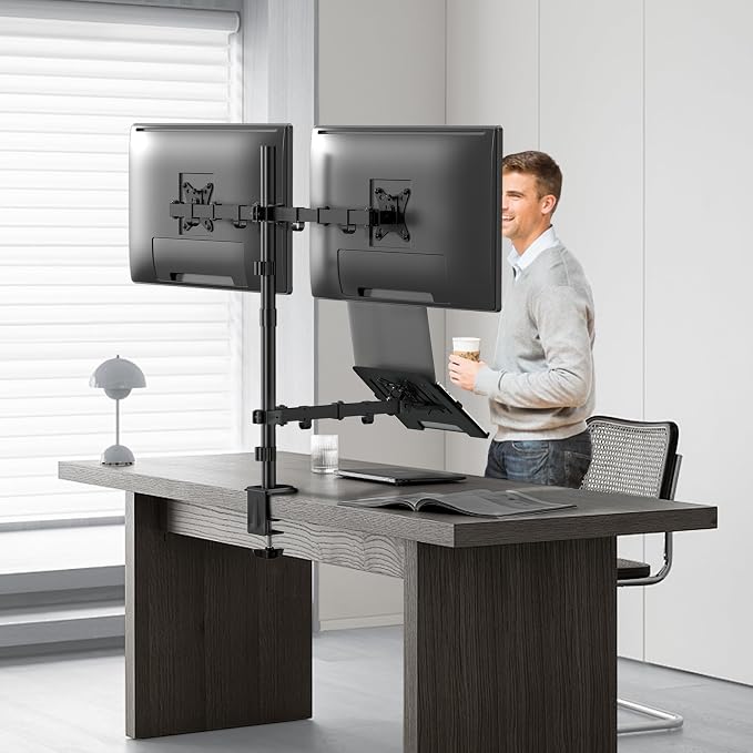 Dual Monitor Stand and Laptop Mount, Fits 32" Monitor & 15" Laptops | Extra Tall Adjustable Stand Holds 19.8 lbs per Arm, Sturdy C-clamp/Grommet Base, Egonomic Setup for Home Office,Black - Image 9