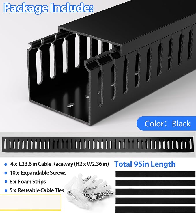 ZhiYo 2"H x 2.4"W Cable Management Raceway, 95in Under Desk Channel, Black | Slotted Wire Duct, 4Pack, 23.6in Each, Heavy-Duty PVC Cable Management for Server Racks, Network Cables & Electrical Cabinets - Image 5