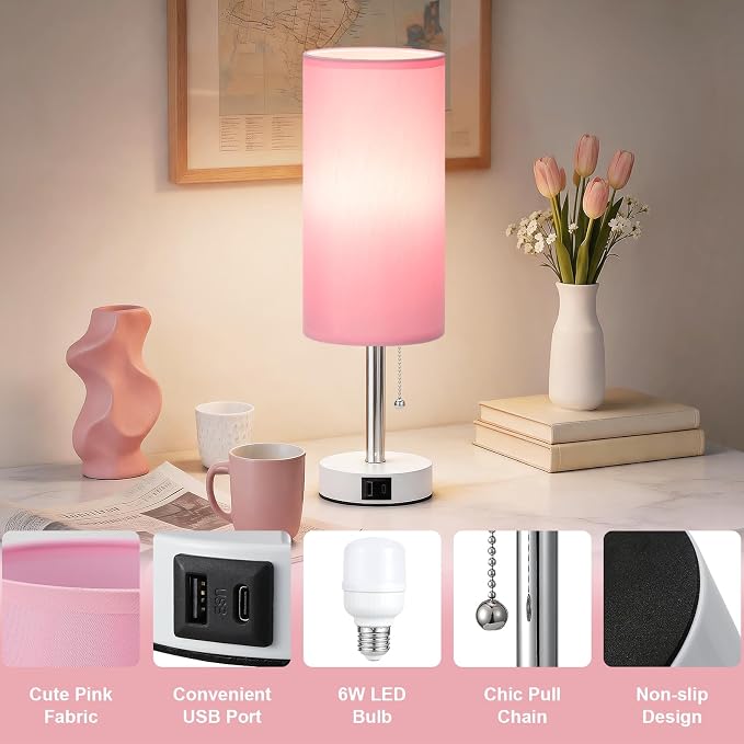 Dicoool Pink Bedside Table Lamp for Girls Bedroom - USB A+C Charging Ports | 3 Color Temperatures, Bulb Included, Pink Fabric Shade, White Metal Base, Cute Pink Room Decor, 14" Desk Lamp for Kids Dorm - Image 8