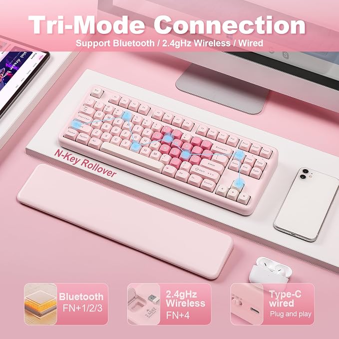 YUNZII B87 TKL Wireless Mechanical Keyboard (Pink, Milk Switch) | QMK/VIA, Wrist Rest, CreamyTyping, Cute MOA Keycaps, Gasket Mount, Hot Swap, RGB Backlit, NKRO, BT/2.4G/USB-C, for Win/Mac - Image 3