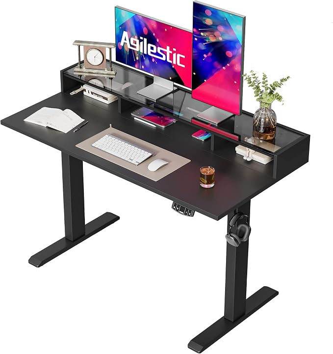 Agilestic 48 * 24 Inch Electric Standing Desk with Glass Shelf, Black | Electric Height Adjustable, 2 Storage Drawer, Monitor Stand, Sturdy Steel Frame, Memory Presets, Hooks, 154 lbs, Splice Board by Agilestic