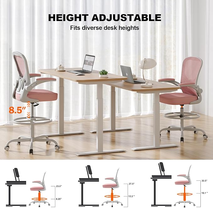 Ergonomic Tall Drafting Chair-Mesh Desk Chair with Flip-Up Arms | Adjustable Height,Lumbar Support,Adjustable Footrest Ring,Standing Desk,Breathable Backrest - Image 4